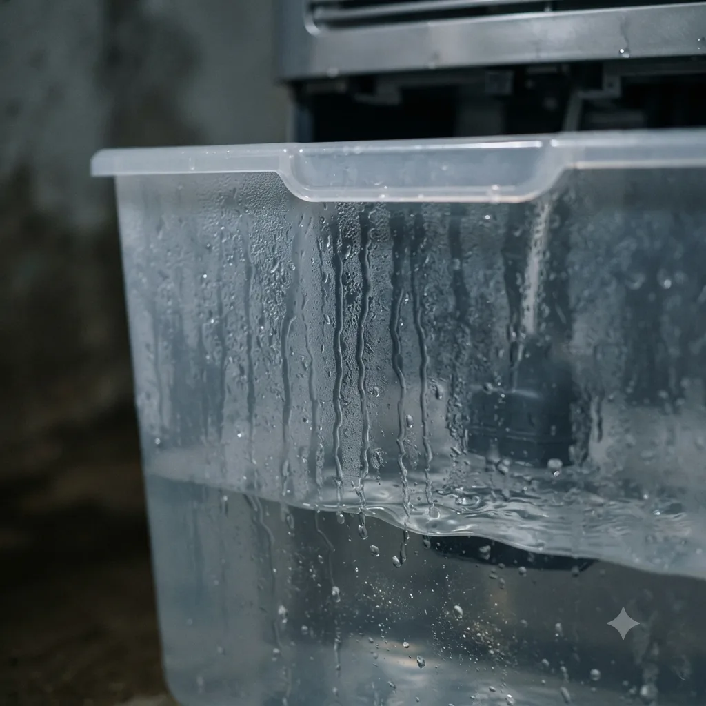 Close-up of the translucent plastic collection tank slotted beneath a dehumidifier, its inner wall beaded and streaked with condensation above the water standing in the bottom.