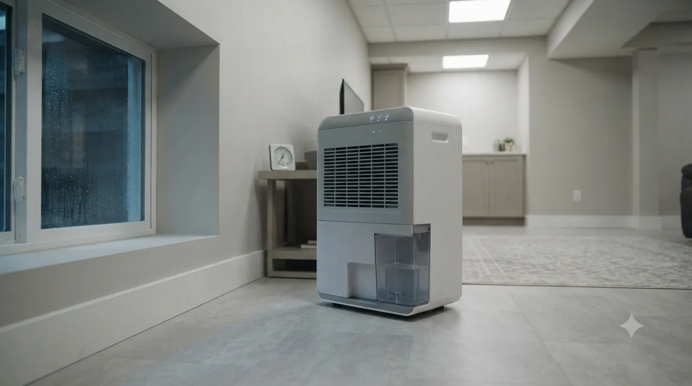 A portable dehumidifier running in a clean basement with a bare concrete floor and wall, its control panel lit.