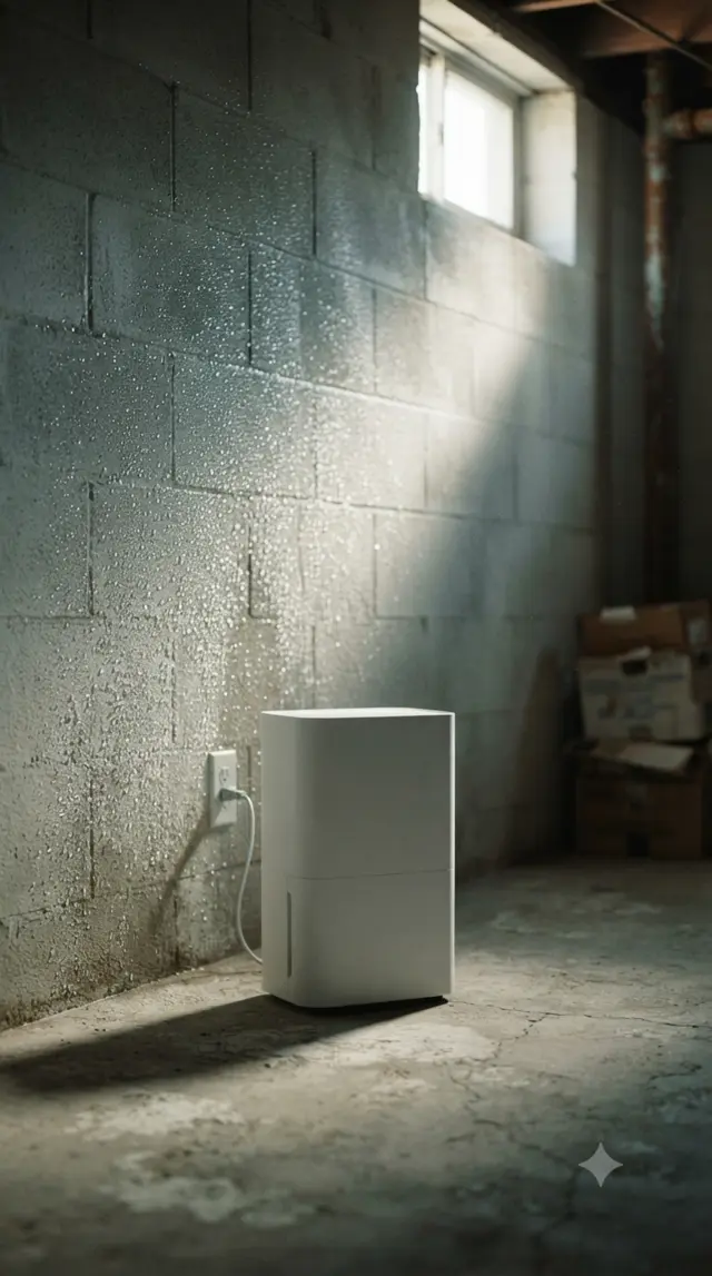 A portable dehumidifier positioned in the corner of a basement with bare concrete walls and floor.